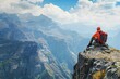 © Iftikhar alam - A man sits atop a mountain, gazing at the valley below, A hiker resting at the edge of a cliff, admiring a majestic mountain view