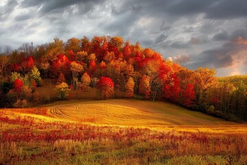 Wall Mural - A field filled with a multitude of trees displaying vibrant autumn colors, A hillside ablaze with the fiery colors of autumn