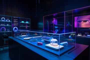 Display case filled with diverse items, showcasing a variety of products in a holographic setting, A holographic display showcasing innovative product concepts