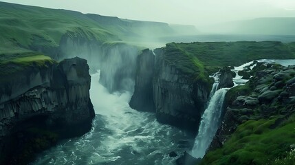 Photo of waterfalls in Iceland, taken from a high angle, showing a beautiful green landscape