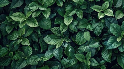 The lush dark green leaves in the garden create a vibrant and natural backdrop evoking a sense of ecology and greenery reminiscent of a lush wallpaper