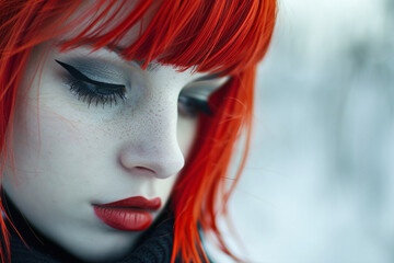 Wall Mural - Portrait of young beautiful woman with pale skin and bright red hair with bob hairstyle with bangs and black eye makeup