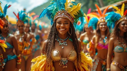 Wall Mural - Vibrant Samba Dancers Celebrating with Colorful Costumes and Headdresses in a Festive Parade