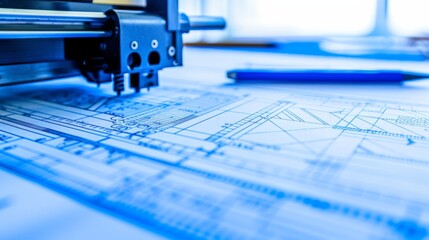 Poster - a blueprint on a desk with a 3d printer