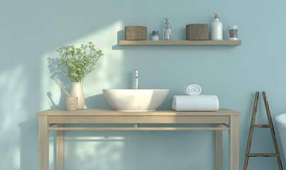 Wall Mural - 3d rendering, A light blue wall with an elegant wooden shelf, featuring a white sink and chrome faucet, accompanied by a matching bamboo laundry basket on the floor, creating a cozy bathroom setting
