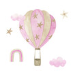 Poster with watercolor pink  hot air balloon, rainbow, gold stars and clouds. Hand painted vintage isolated  illustration on white background.