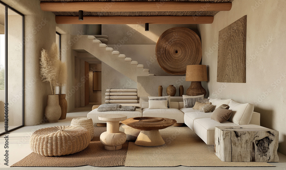 3d rendering, A living room interior design with neutral tones and ...