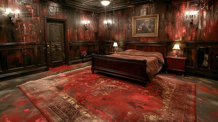 Poster -   Room with red rug, painting above bed