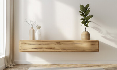 Wall Mural - 3D rendering, Wooden floating cabinet with plants on a white wall in the style of a minimalist home interior design of a modern living room, shown in a closeup view