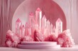 Realistic abstract 3d catwalk with pink crystals for product presentation. An empty showcase is a pedestal for demonstrating a product. Pink background.