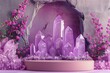 Realistic abstract 3d catwalk with violet crystals for product presentation. An empty showcase is a pedestal for demonstrating a product. Violet background.