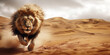 © David Giraud - L'attaque d'un lion majestueux courant dans un désert de sable, chassant une proie et soulevant de la poussière, image avec espace pour texte.