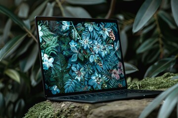 Canvas Print - A modern laptop computer resting on a tree stump outdoors, A laptop inspired by nature, featuring flowing lines and botanical motifs