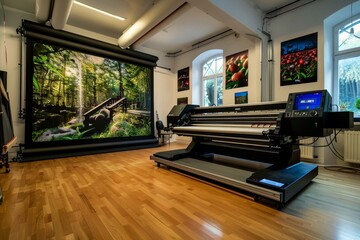 Canvas Print - A room featuring a prominent large painting hanging on the wall, A large format printer producing stunning panoramic photos