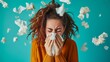 © Joyce - A female sneeze with tissue flying in air due to allergy reaction