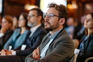 Wall Mural - A diverse group of individuals sitting in a conference room during a legal conference, A lawyer attending a legal conference to stay current on industry trends