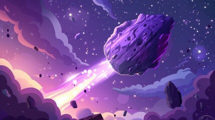 Wall Mural - Plasma based Asteroid Unique Planet with Humps Cosmic Environment for Gaming or Sci Fi Purple Meteor in Flat Cartoon Style