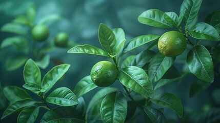  A photo of a tree with close-up leaves Two limes dangle from the branches, each adorned with water droplets