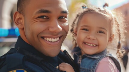 Wall Mural - Portrait of a male police officer with a little child