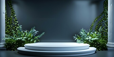 Wall Mural - D rendering of a white ancient Roman-style podium adorned with plant decor. Concept Architecture, Roman Style, Podium Design, Plant Decor, 3D Rendering