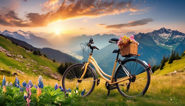 World bicycle day concept International holiday june 3, bicycle with sunset scenery landscape background, banner, card, poster with text space