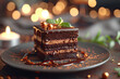 Delicious Chocolate Cake on a Plate delectable piece of chocolate cake is beautifully presented on a white plate, showcasing its rich and tempting layers of moist chocolate sponge and creamy frosting