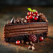 Piece of Cake With Chocolate Frosting and Cranberries A delicious piece of cake topped with rich chocolate frosting and garnished with fresh cranberries.