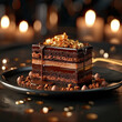 A Piece of Cake on a Plate With Candles in the Background A delicious slice of cake sits on a plate while candles flicker in the background.