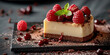 Piece of cheesecake topped with creamy chocolate drizzle and fresh raspberries, creating a delectable dessert.