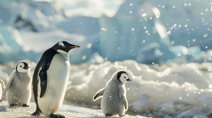 Poster - Penguins in the Arctic roaming on the North Pole in search of their offspring