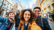 Young multiracial friends taking a selfie in the city - Millennial generation people having fun together outdoor - Models by AI generative