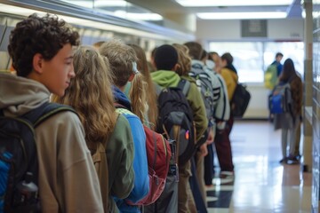 Wall Mural - A crowd of students waiting in line at the train station, A long line of students eagerly waiting to order lunch at a school cafeteria