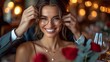 © AS Photo Family - Elegant Woman Smiling at Romantic Candlelit Dinner, Holding Roses