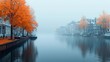 Autumn Morning in Amsterdam: Misty Canals and Vibrant Trees Reflecting on Calm Waters