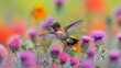 Ruby-Throated Hummingbird Hovering Over Colorful Flowers in a Lush Garden