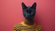 Surreal Portrait of Cat with Human Body in Yellow Striped Sweater