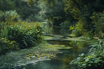 Wall Mural - A painting featuring a river flowing through lush greenery with various wildlife, A lush, green riverbank teeming with wildlife and vegetation