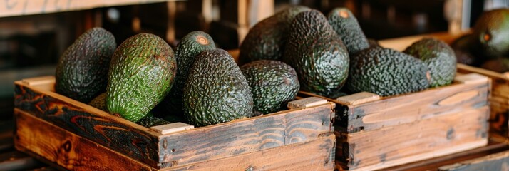 Sticker - Ripe avocados in wooden crates with fresh fruits at local market warehouse, vibrant produce concept