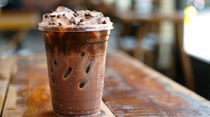 Wall Mural - Iced Mocha coffee in a plastic cup on a wooden table at the cafe with room for text