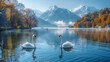 Serene Autumn Morning at Grundlsee Lake with Two Swans and Snow-Capped Mountains