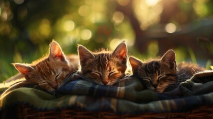Cute sleeping baby cat in basket on outdoor lawn with warm sunlight.