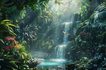 Canvas Print - A painting depicting a waterfall cascading through a lush jungle with exotic birds flying around, A lush tropical jungle with exotic birds and cascading waterfalls