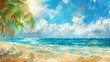 A beautiful tropical beach with palm trees and a blue sky, sunshine, sand on the shore with waves in the sunlight. A summer vacation background
