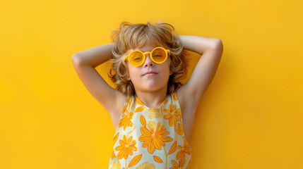 Photo of a kid  wearing yellow sunglasses and a sundress