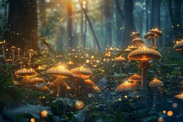 Canvas Print - Cluster of various mushrooms growing on forest floor surrounded by trees, A magical forest filled with glowing mushrooms and twinkling fireflies