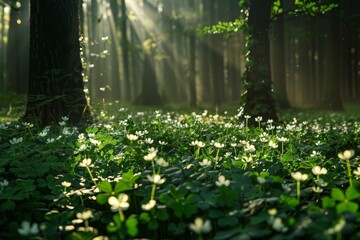 Wall Mural - Dense forest brimming with various shades of green plants like ferns, moss, and vines, A magical forest filled with shimmering shamrocks