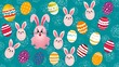 easter eggs flat design, collection painted easter eggs, Happy Easter Bunny with many colorful easter eggs, An easter bunny rabbit, Easter party concept, hidden easter bunny, happy easter