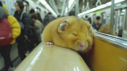 Poster -   A yellow bench in a subway station with hamsters and people