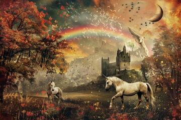 Sticker - Two horses peacefully grazing in a field with a castle in the background under a colorful rainbow, A magical scene with a rainbow and unicorns