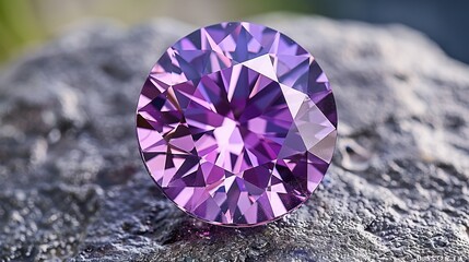 Sticker -   A close-up of a purple diamond on a rock, surrounded by a green plant in the background